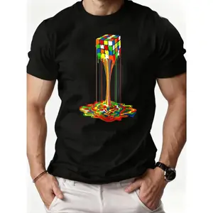 Casual, Men's T-Shirt, Melting Rubik's Cube Design, Everyday Wear, Gift For Puzzle Lovers