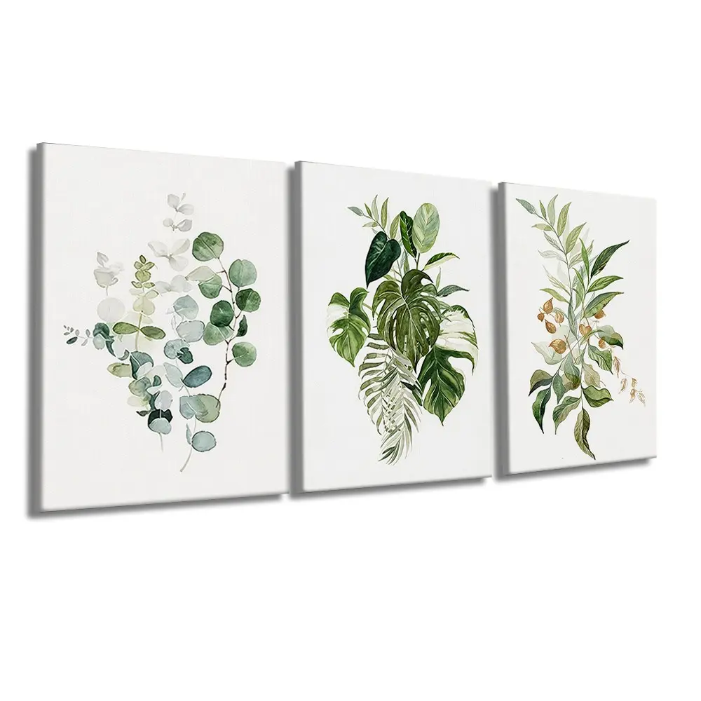 3 Pcs/Set Wooden-Framed Canvas Painting, Watercolor Green Tropical Leaf Eucalyptus Monstera Palm Leaf White Background Wall Art For Living Room, Bedroom, Office Decoration, Modern Home Decor, Fashion Artistic Ornaments, Artwork