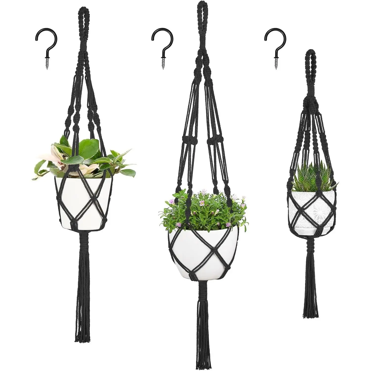 3 Pack Macrame  Hanger,  Planters for Indoor  Black | 3 Sizes (41"/34"/26")   Basket with Hooks, Boho  Decor for Patio Balcony Living Room, Fits 5-10 Inch Pots