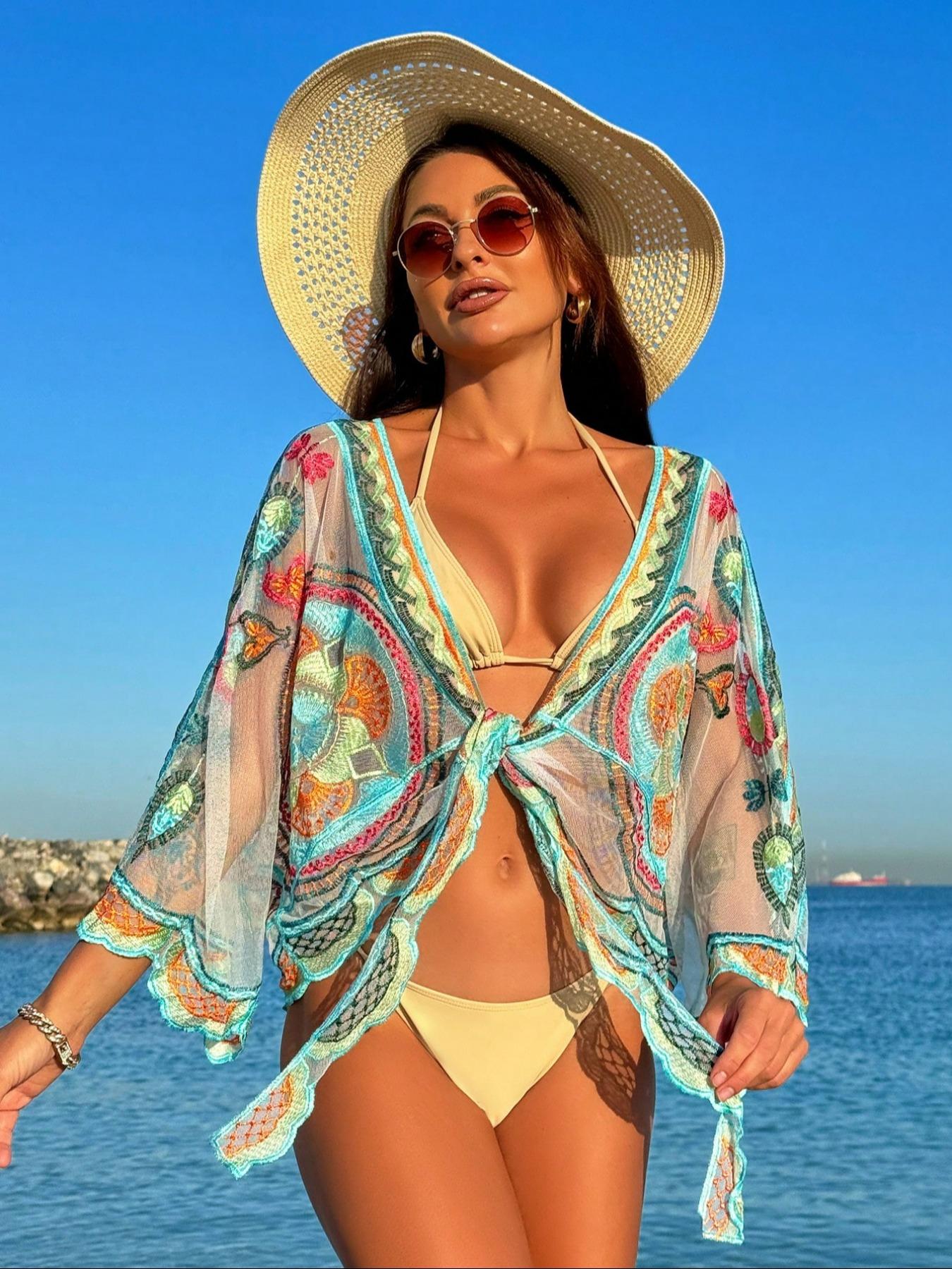 Women's Embroidery Cover Up Top, Boho Style Batwing Sleeve Cover Up Top for Beach Vacation, Fashion Women's Swimwear for Summer, Swimsuit Cover Up