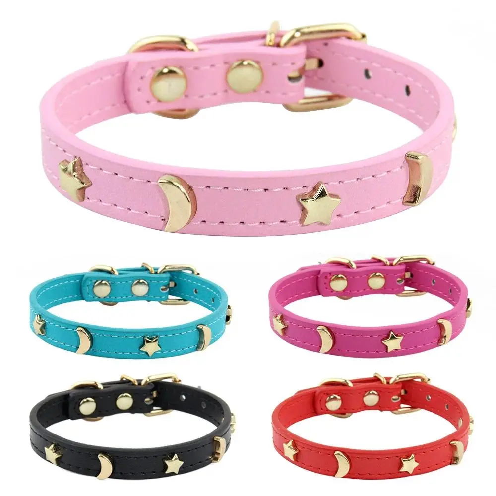 Cute   Soft Leather   For Small  Kitten Puppy Necklace  Accessories  Star Moon Rivets Decoration XS-M plastic buckle  reflective harness coyote night visibility safety extreme durability outdoor adventure flat collar summerwins adjustable boy girl