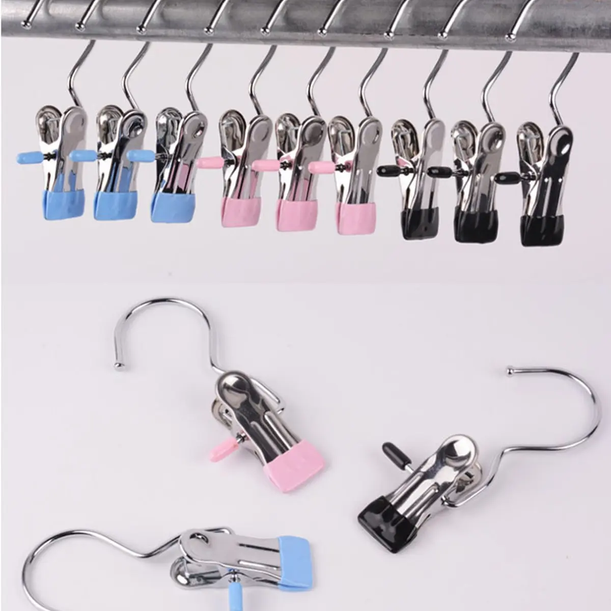 10 Pack Stainless Steel Hanging Clip Hooks, 360 Degree Rotatable Durable Clothes Pegs, Space Saving Closet Organizer Clips, Multipurpose Wardrobe Storage