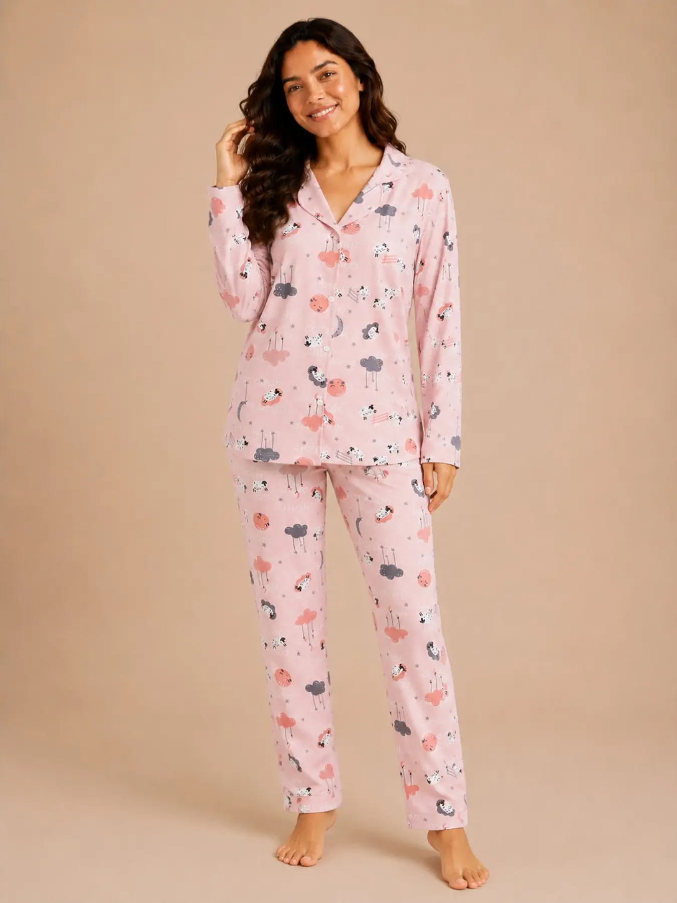 Women's Print Long Sleeve Open Front Pajama Set Pjs, Soft Comfortable Cute Two-Piece Homewear, Cozy Sleepwear Loungewear for Ladies