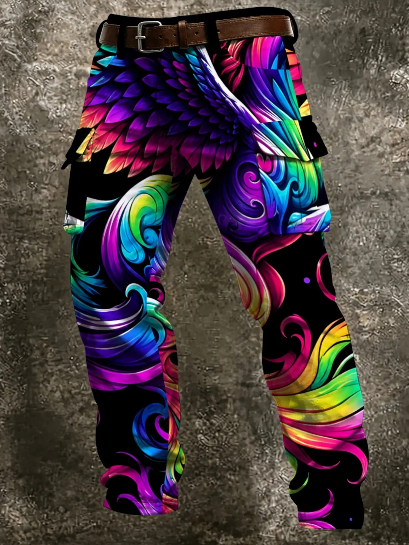 Men's Cool Colorful Winged Work Pants, Base Neon Gradient Rainbow Print, Dual Side Flap Pockets, Slim Fit Ankle Length