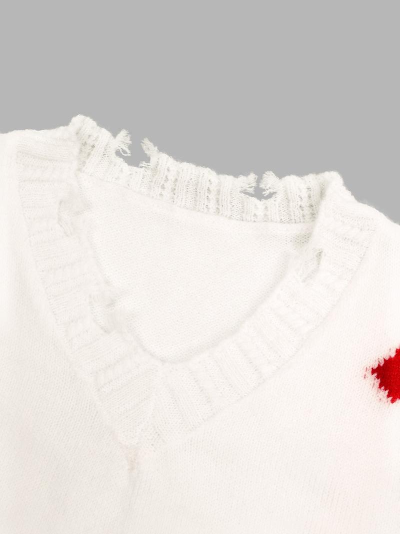 Women's Cross Print Ripped Drop Shoulder Crop Sweater, Street Fashion Chic Style Long Sleeve V Neck Jumper for Daily Outdoor Wear, Ladies Stretchy Knitwear for Spring & Fall Clothes, Casual Sweater for Women, Trending Clothing Women