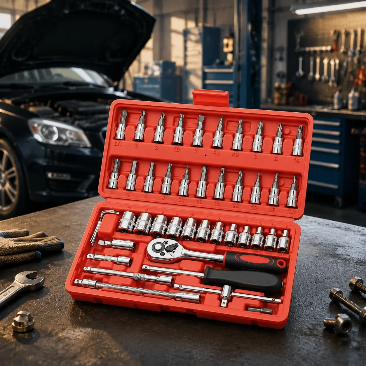 Auto Repair Tools, Ratchet Wrenches, 1/2", 1/4", 3/8" Sae Metric Socket Wrench Set, Home, Garage, Vehicle Maintenance, Highway Emergency Tools, Socket Wrench Kit