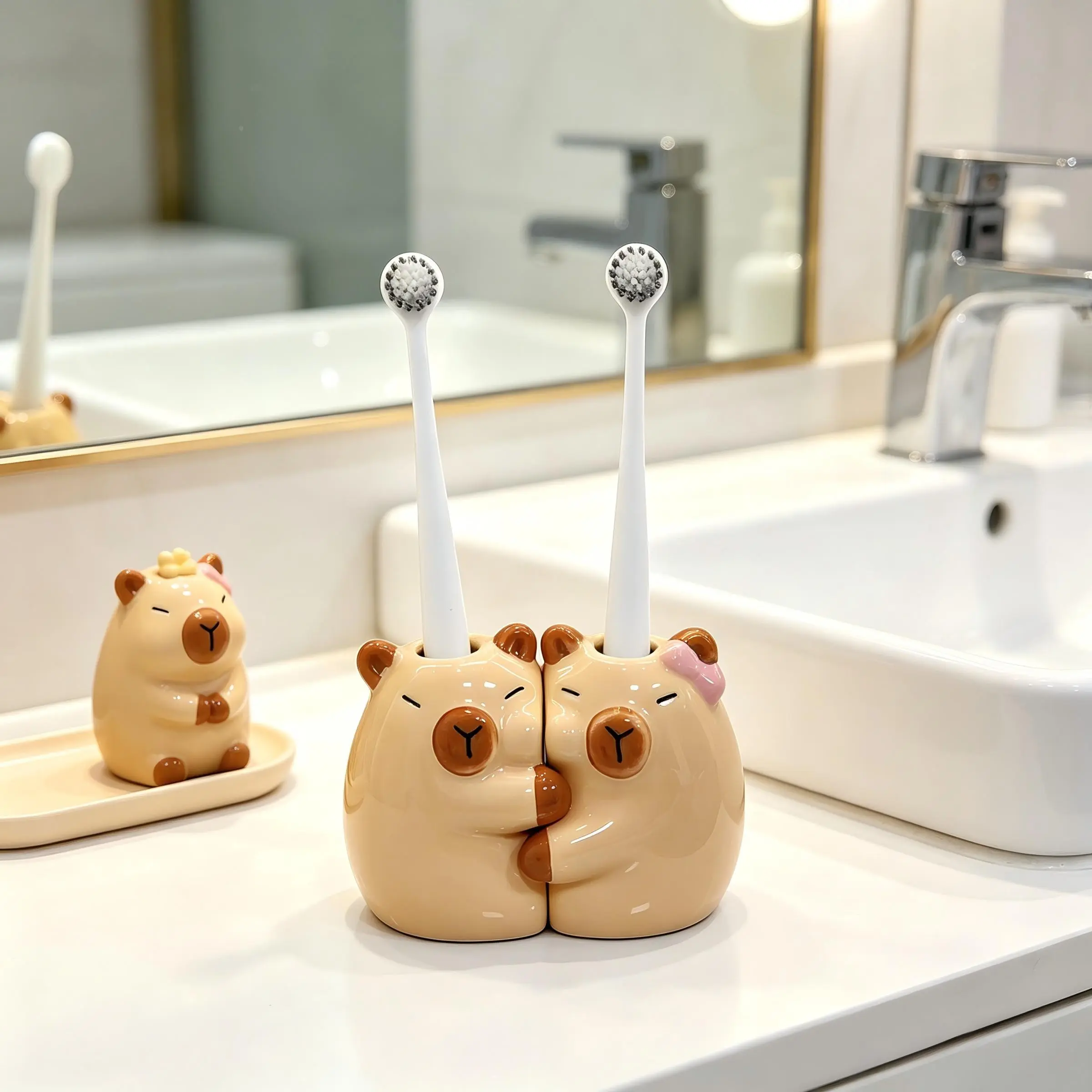 Hugging Couple Capybara, Cartoon Ceramic Toothbrush Holder, hole diameter: 1.5cm, Multi-functional storage for pens & makeup brushes, small flower arrangements, decorative ornament for bathroom countertops