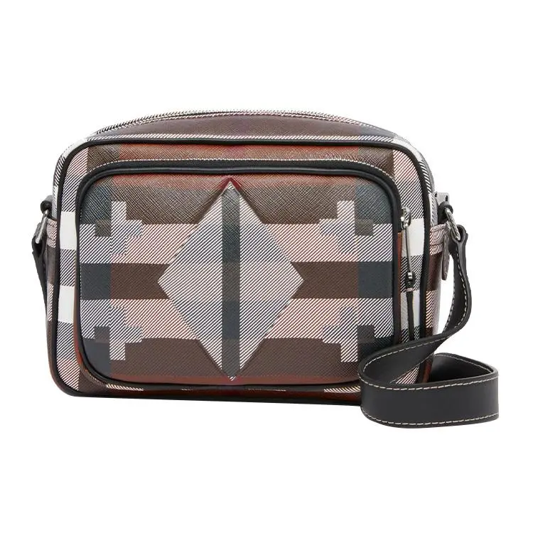 Burberry Calfskin Crossbody Bag for Men with 3D Letter Logo and Geometric Check Pattern in Dark Birch Brown and White