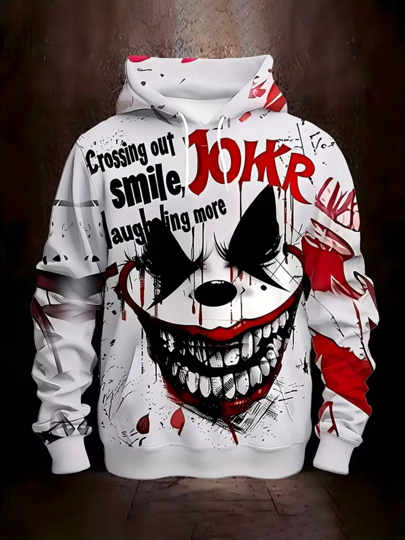 Men's Casual Sporty Hooded Sweatshirt, Joker 3D Print, Fitted, Elastic, Drawstring Pockets, Knit Fabric, All Seasons, Streetwear