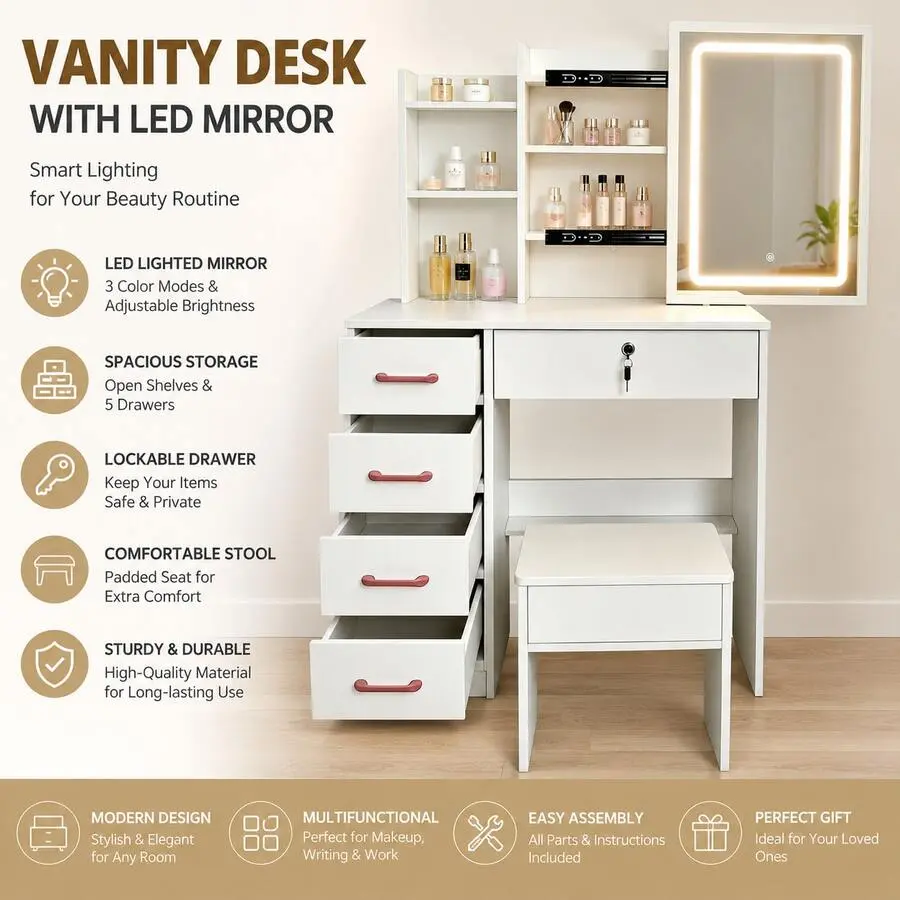 White Makeup Vanity Desk With LED Light Mirror, 5 Drawers With Lock, Open Storage Shelves, Dressing Table Set With Stool Bedroom,corner,,withdrawers,luxury,lighted