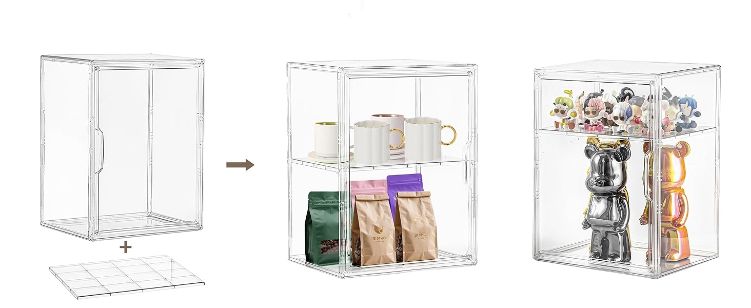Acrylic Display Case for Collectibles, Clear Storage Bin with 3 Adjustable Layers and 1 Removable Divider, Stackable Clear Storage Box with Magnetic Door for Figures, Home or Office,Large