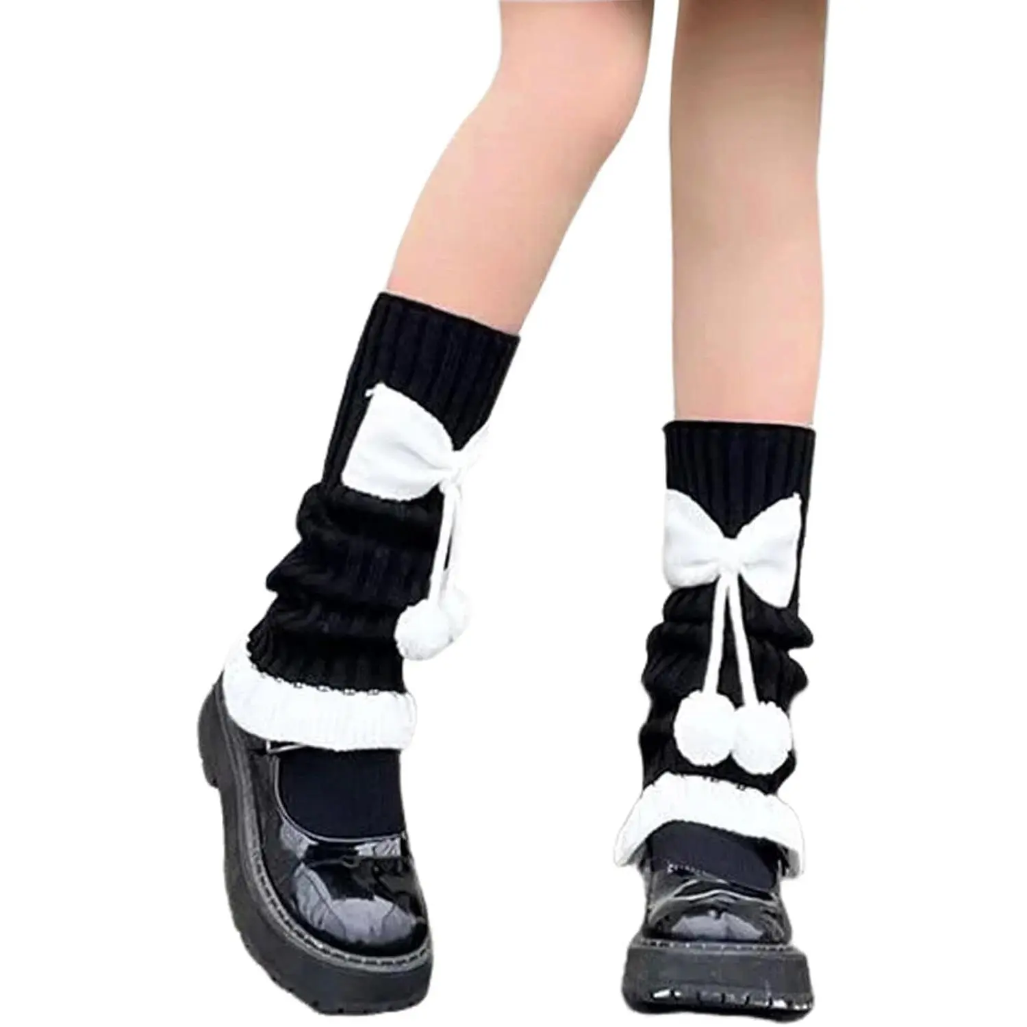 Women's Ribbed Knit Leg Warmers Y2K Knee High Lolita Bow Colorblock Leg Sleeve Socks for Girls
