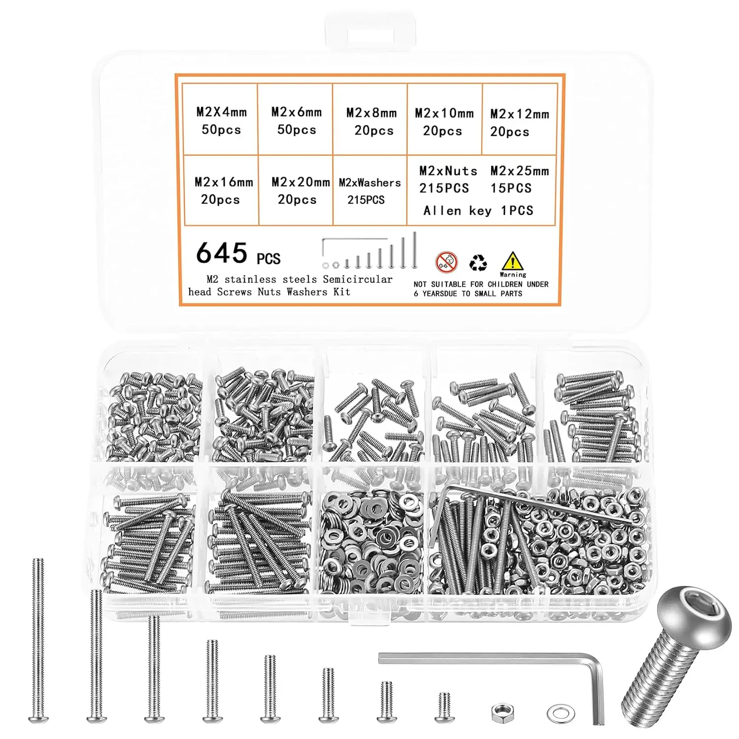 645 count M2 Screws Kit, M2 Machine Screws and Nuts and Washers Set,  Stainless Steel Button  Socket Cap Screws Nuts and   Kit, Metric Screw , Fully Threaded