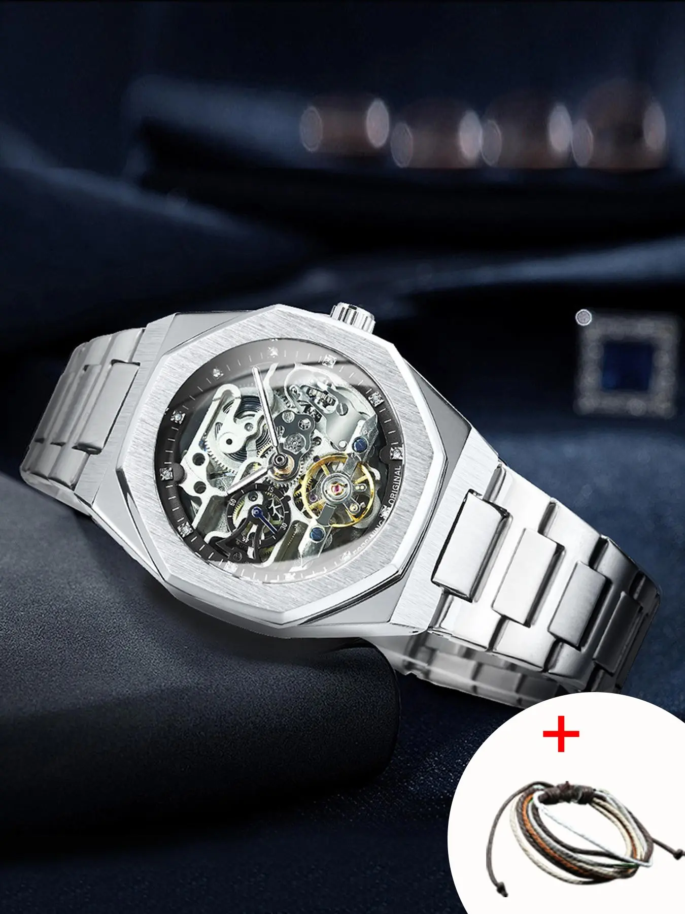 Men's Classic Business Rhinestone Decorated Analog Mechanical Watch, Fashionable Wristwatch for Men, Stylish Watch, Luminous Hands Watch for Party, Daily Clothing Decor, Watch for Birthday Gift with Box, Stainless Steel Wristwatch