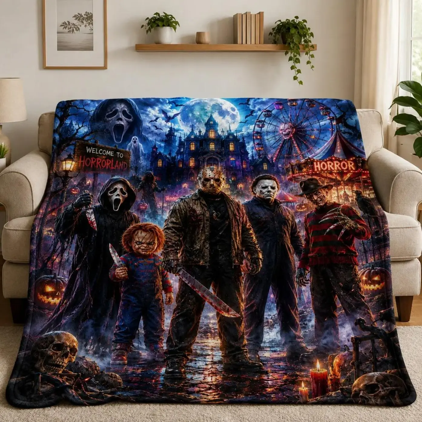 Haunted Horrorland Blanket, Scary Slasher Flannel Throw, Halloween Horror Movie Night Gift for Spooky Fans, All Season Cozy Blanket for Bedroom Sofa, Spooky Home Decor Blanket for Teens Adults Horror Lovers