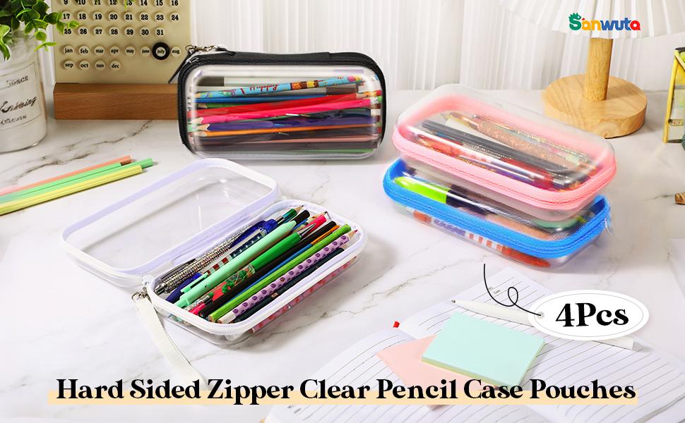 4 Pcs Clear Hard Sided Zipper Pencil Case Pouches Bulk Plastic Hard Shell Pencil Case Box Organizer with Mesh Pocket Toiletry Pouch Makeup Bag, Back to School Supplies(Macaron)