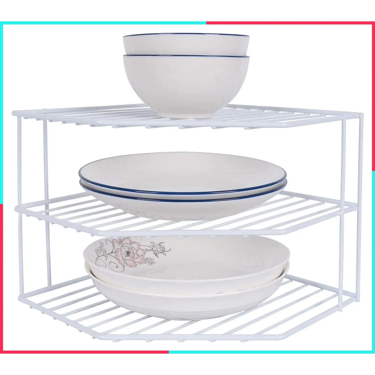 3-Tier Corner Shelf Counter and Cabinet Organizer - Rust-Resistant Steel Metal Wire - Plates, Dishes, Cabinet & Pantry Storage - Kitchen Organization (10 x 7.5 Inch, White)