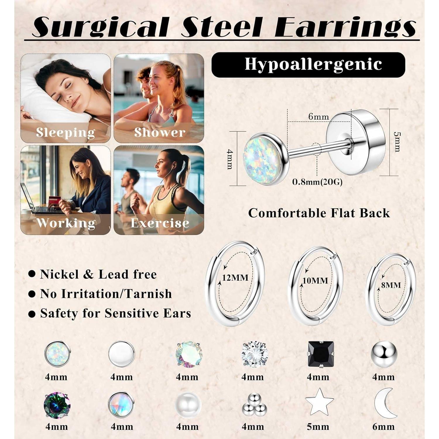 Jstyle Hypoallergenic Flat Back Stud Earrings for Women Men Surgical Stainless Steel Earrings for Sensitive Ears Small Stud Hoop Silver Gold Black Earrings Cartilage Earring Set for Multiple Piercing