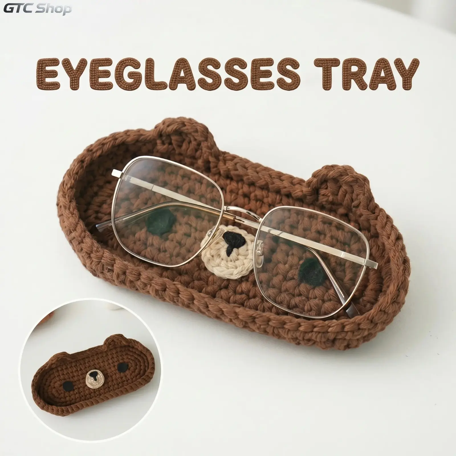 Cute Plush Cottagecore Crochet Bear Oval Eyeglasses Tray - Scratch-Safe, 3D Plush Ears, Soft Portable Unisex Organizer, School/Desk/Bedside Table Decor, Stores Glasses Sunglasses Small Daily Items