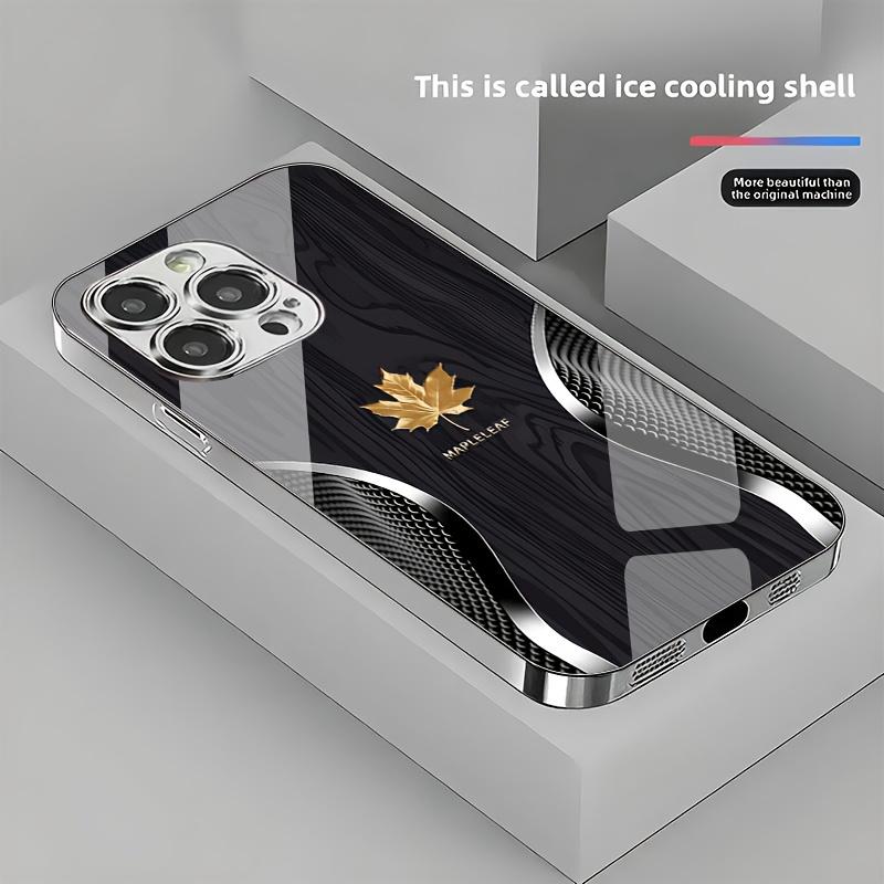 High-end electroplated business-style curved gold maple leaf wood grain pattern glass phone case, for iPhone 17 16 15 14 13 12 11 pro max