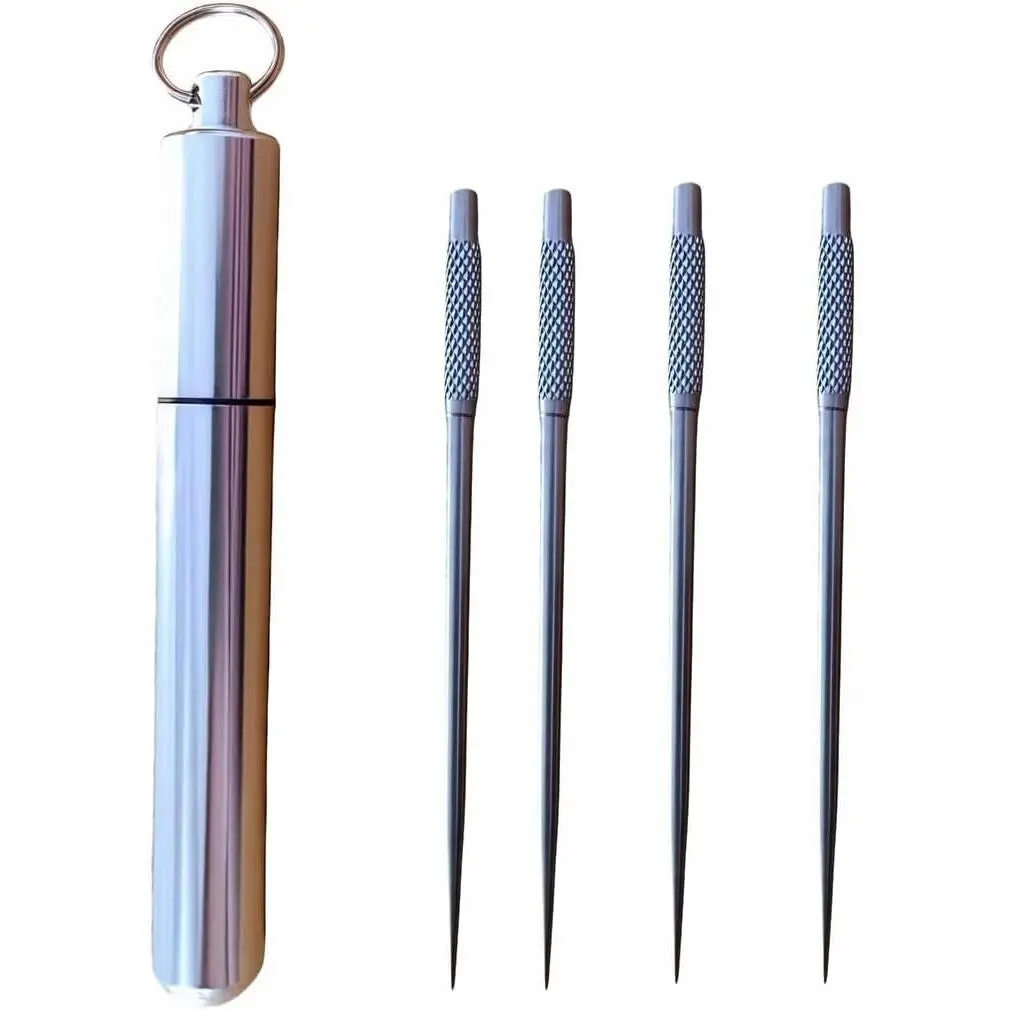4PCS Portable Mini Titanium Alloy Toothpicks with Stainless Steel Holder, Reusable Toothpick Set for Home, Outdoor, Camping, Fruit Forks, Travel, Daily Life - Silver