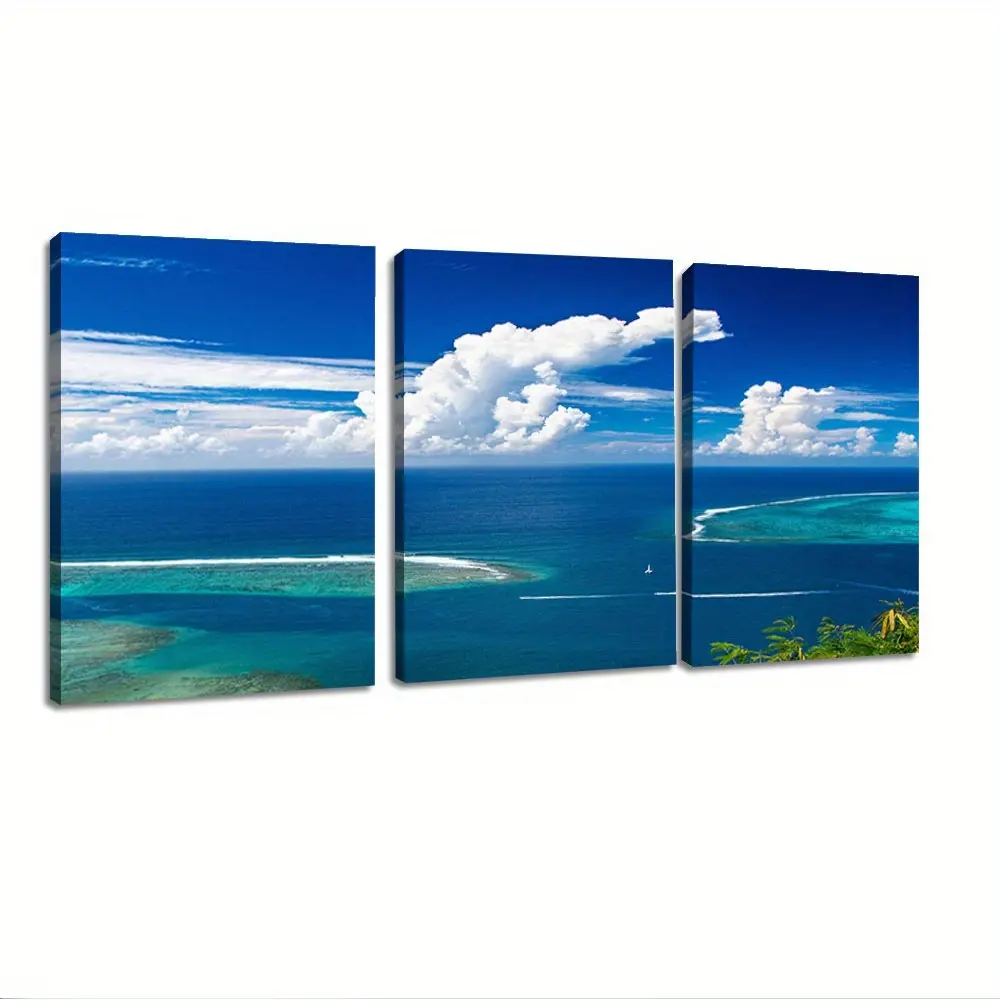 The Ocean Landscape Against The Backdrop Of A Blue Sky 3-Piece Canvas Wall Art - Framed, Ready To Hang - For Living Room Office - Perfect Gift For Housewarming Christmas New Year - Wall Decor, Home Decoration