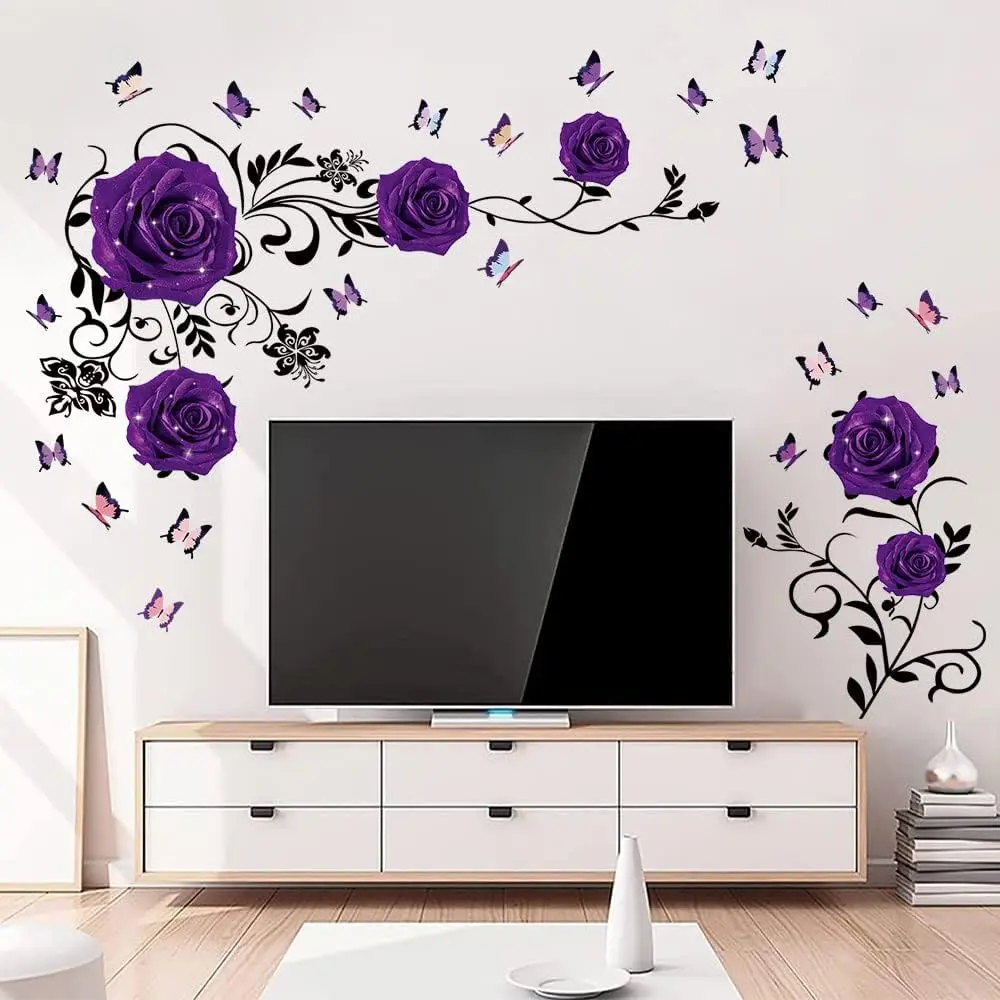 Purple Rose Wall Stickers Rose Flower Vine Wall Decal Purple Peony Floral Wall Decor DIY Vinyl Mural Art for Bedroom Living Room Sofa Backdrop