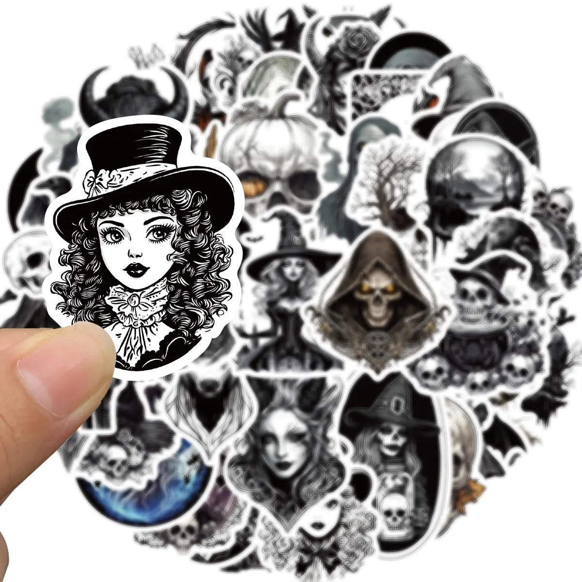 50 Sheets Vintage Horror Skull Stickers, Dark Theme Decals for Notebook and Skateboard, Trendy Decorative Stickers