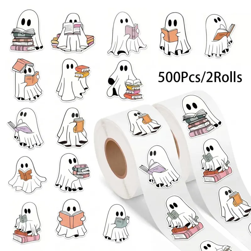 500Pcs/2Roll Ghost Story Reading Book Sticker Roll Halloween Cartoon Little Ghost Book Fan Sticker Waterproof Self-Adhesive Decorative Sticker