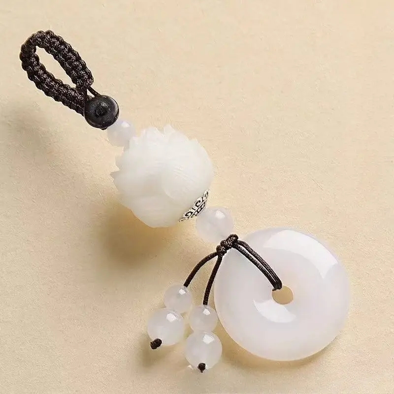 Polished Quartz Stone Peace Donut & Lotus Keychain Pendant, Hand Woven Key Chain, Unisex Couple Car Key Hanging Ornament, Fashion Bag Charm Accessory