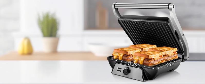 SUSTEAS Compact Indoor Grill – Features a non-stick surface, 180° adjustable lid for even heat distribution, and space-saving foldable design. Perfect for meats, veggies, and quick meals.