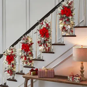 2025 Cordless Prelit Teardrop Christmas Swag Artificial Christmas Garland with Lights Rustic Decor for Front Door Wall Window Stair Home (A)