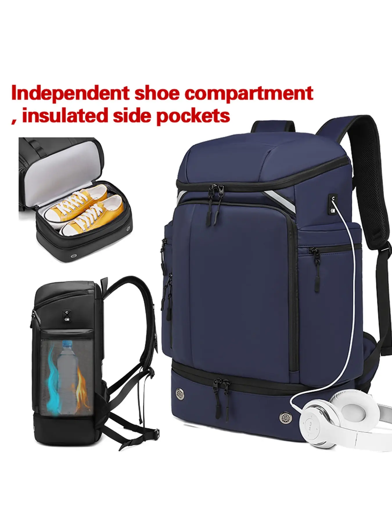 Men's Large Capacity Sports Travel Backpack, Waterproof Outdoor Bag with Shoe Compartment, Insulated Water Bottle Holder, Royal Blue, Gym Backpack With Shoe Compartment