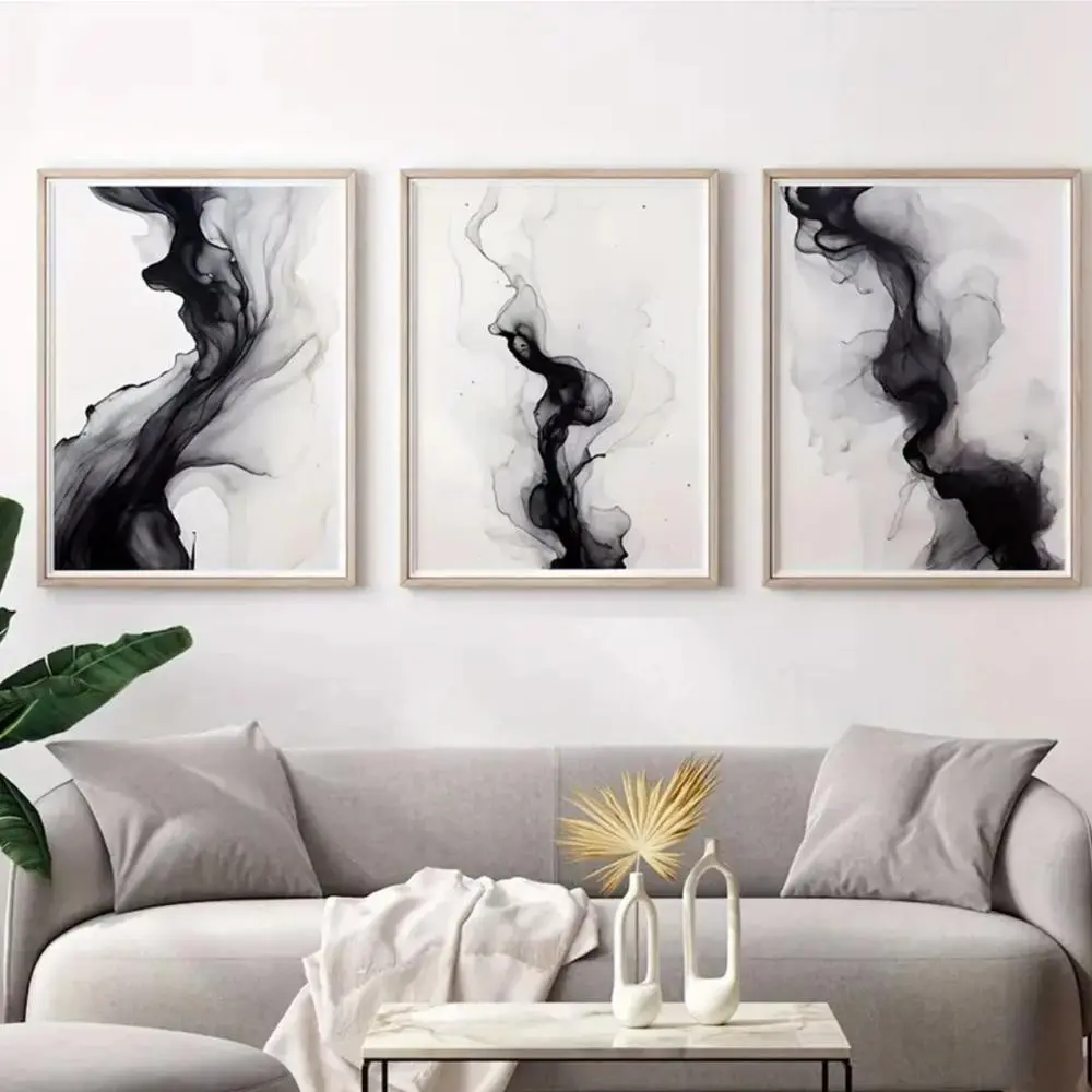 3 Pieces Modern Minimalist Black White Abstract Canvas Art, Polyester Wall Mural, Simple Home Art, Contemporary Gallery Decor, Monochrome Painting, Modern Abstract Design, Aesthetic Wall Decor, Wall Decor for Living Room and Bedroom, Framed or Unframed.