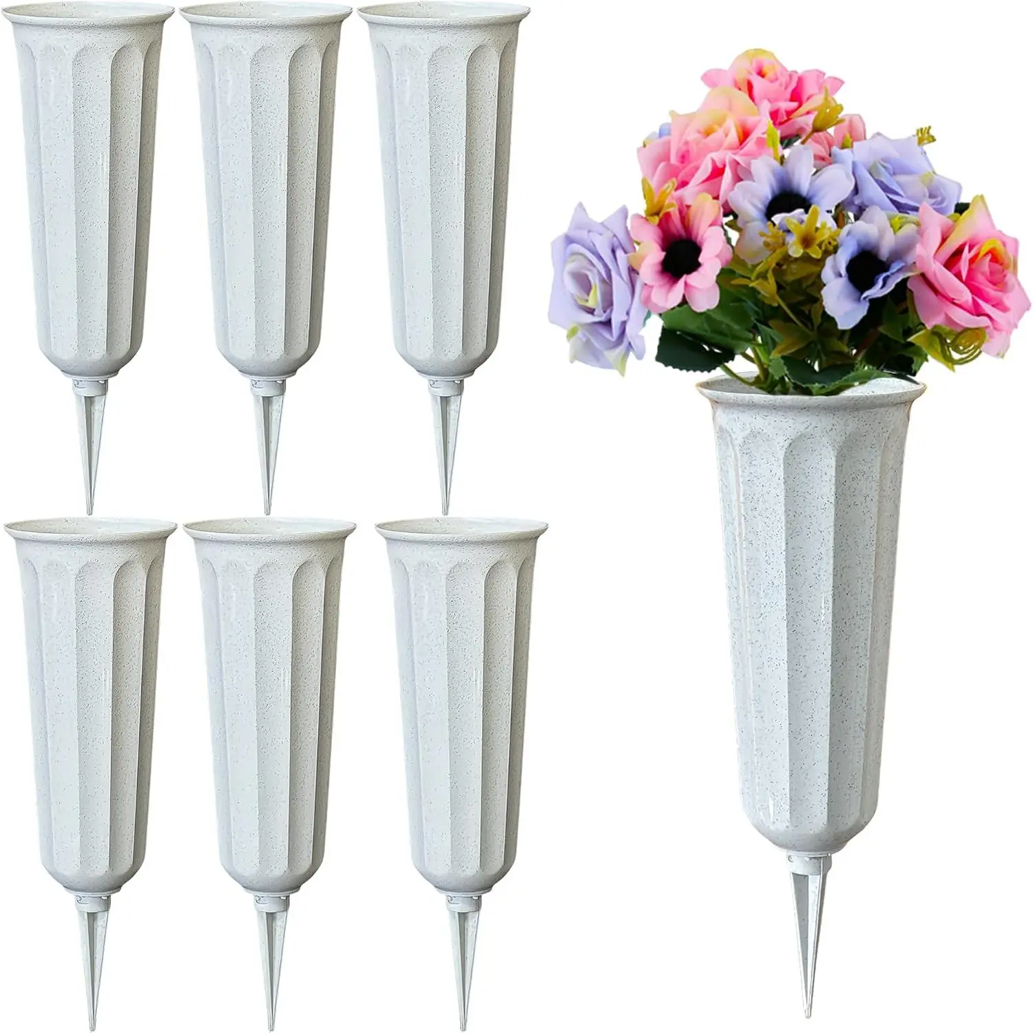 Memorial Floral Vases, Cemetery Vase, Headstones Flower Holder, Grave Cone Vase, Flower Pots for Outdoor , Decorative Plastic Containers (Set of 6, Gray)