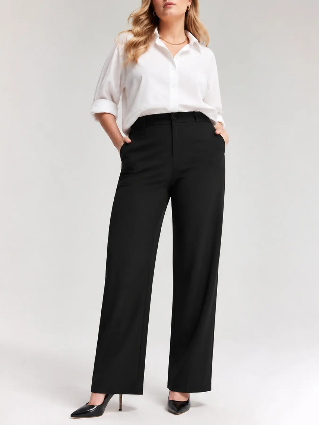 Plus Size High-Waisted Straight Leg Suit Pants, Slight Stretch Office Commute Trousers, Loose Fit, Sizes 1X-3X Only, Button