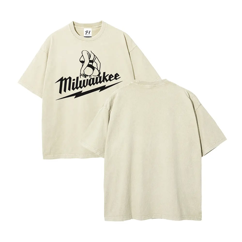 Men's Oversized Boxy Short-Sleeve Tshirt - Menswear 100% Cotton Soft Breathable Fabric, Vintage Aesthetic Y2K Streetwear, Round Neck, "Milwaukee" Letter/Silhouette/Lightning Print, Unisex Plus Size Summer Washed Top