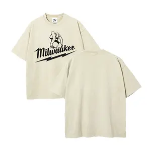 Unisex Plus Size Summer Washed Graphic Tee, "Milwaukee" Letter & Silhouette With Lightning Print, 100% Cotton Round Neck Casual Oversized T-Shirt, Men Women Y2K Streetwear Top