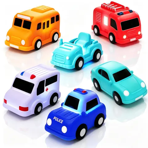 Water-Activated Flashing Vibrant Color Bath Toy Set, Safe for Baths, 6-Piece Emergency Vehicle & Construction Toys, Fun Bath Time for Kids
