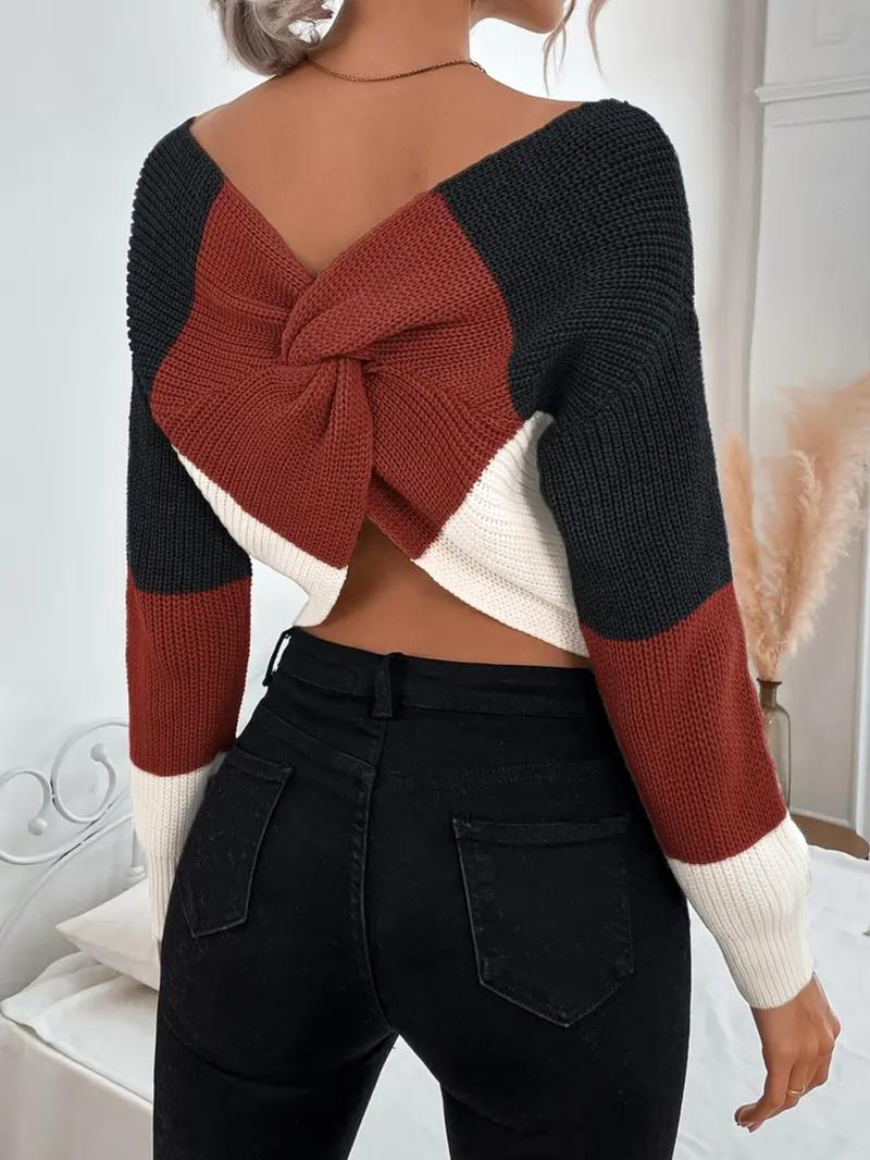 Elegant Off-Shoulder Colorblock Knit Sweater Top, Casual V Neck Twist Design, Spring & Fall Fashion, Fitted Medium Fabric, Knitwear Elegant Off-Shoulder Colorblock Knit Sweater Top, Casual V Neck Twist Design, Spring & Fall Fashion, Fitted Medium Fabric, Knitwear