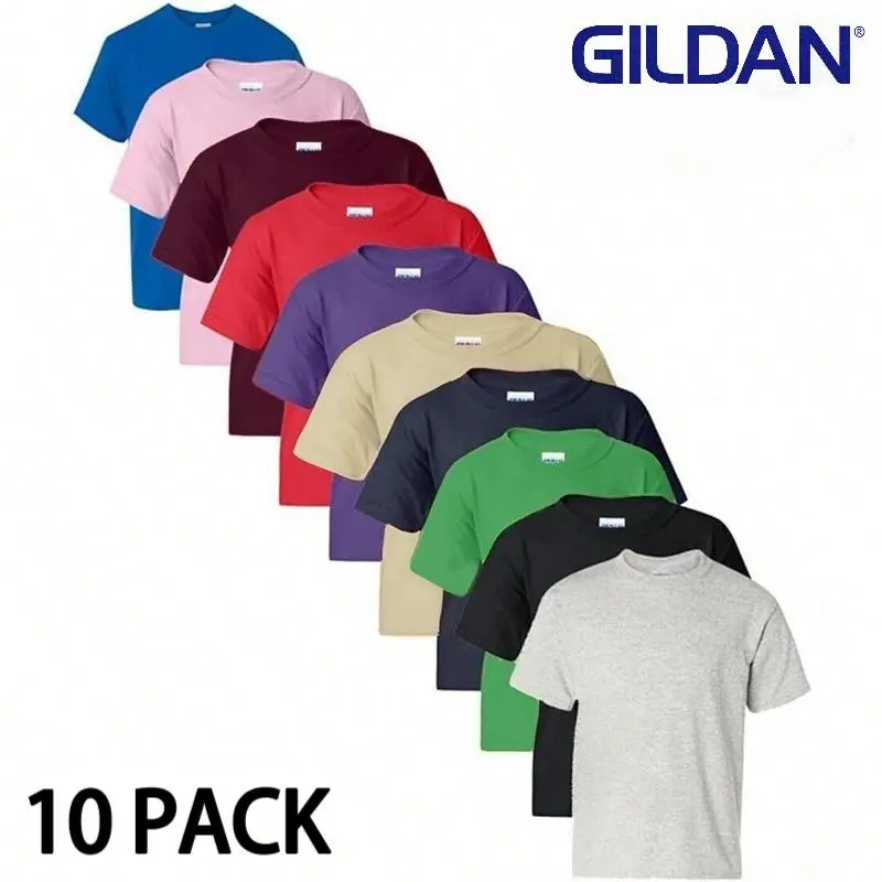 Gildan 5000 Men's Heavy Cotton Round Neck Short-Sleeve Plain Top 10-Pack, Tag-Free Neck, Foldable, Chic, Up to Size 4XL, Assorted Colors, Streetwear, Expandable, Holiday
