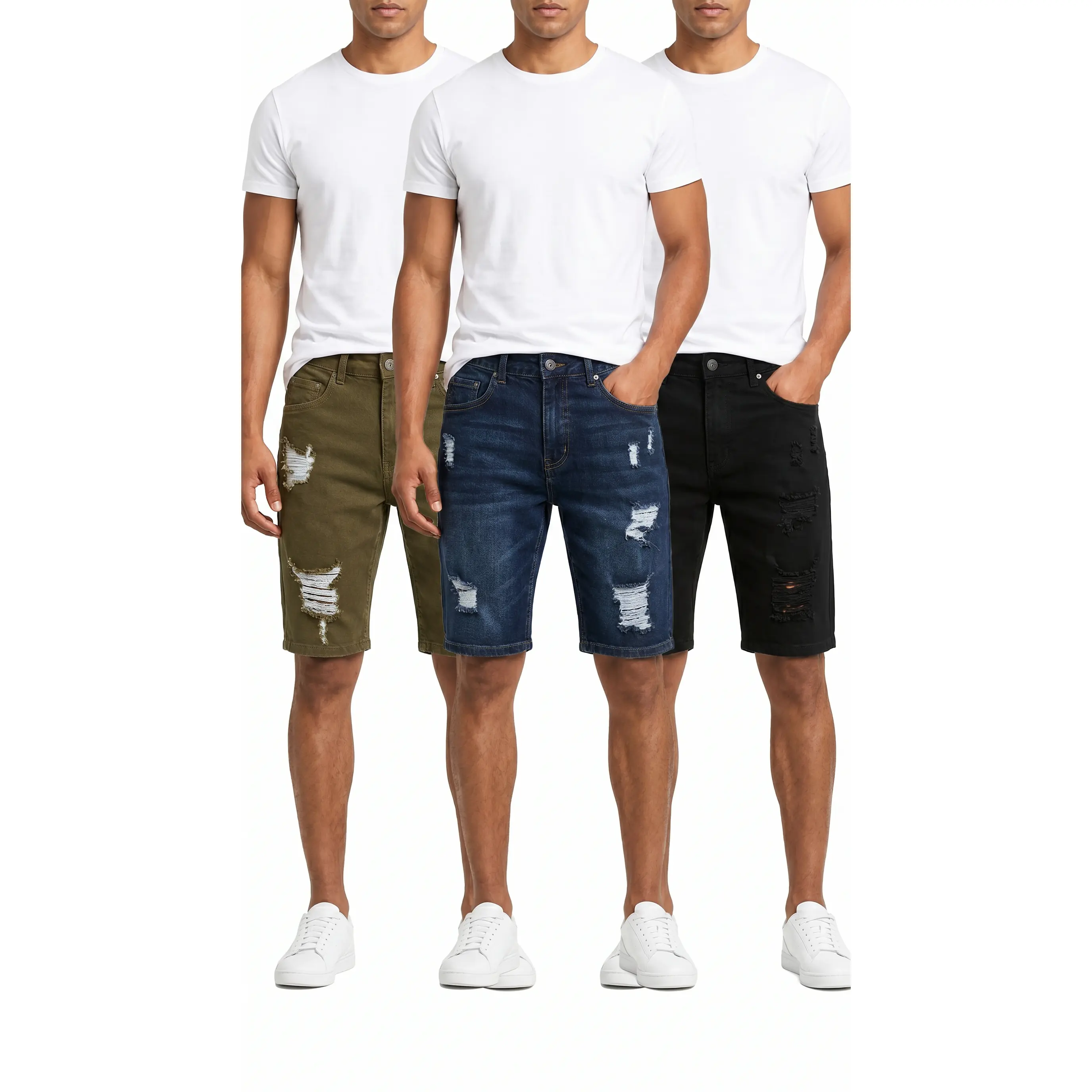 Men's 3-Pack Distressed Look Casual Denim Shorts - Straight-Leg, Stretch Cotton, Black, Olive, Indigo, Prop 65 Safe for Teens & Adults (Summer Menswear Bottoms), Men’s Shorts