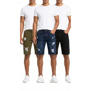 Men's 3-Pack Distressed Look Casual Denim Shorts - Straight-Leg, Stretch Cotton, Black, Olive, Indigo, Prop 65 Safe for Teens & Adults (Summer Menswear Bottoms)
