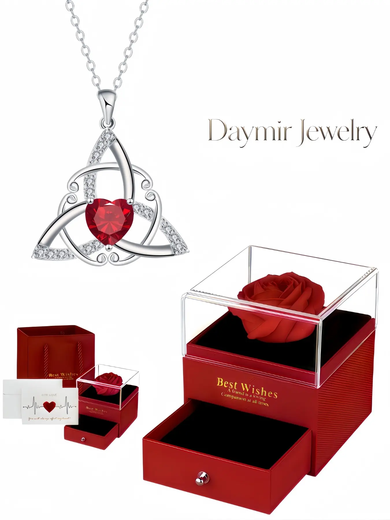 "Celtic Love Heart Gem", unique niche premium Celtic knot gem necklace with everlasting rose gift box, ideal holiday gifts for birthdays, Mother’s Day, Valentine’s Day and Christmas.
