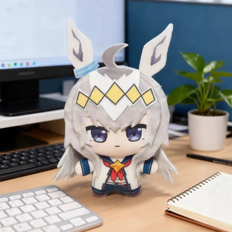Uma Musume Pretty Derby Oguri Cap Chibi Sitting Plush Toy Cute Gray Fluffy Horse Ears Silver Gray Medium Hair Yellow Diamond Hair Ornaments Big Gradient Purple Anime Eyes Classic White Navy Sailor Racing Uniform Red Neck Bow Golden Star Chest Badge Soft S