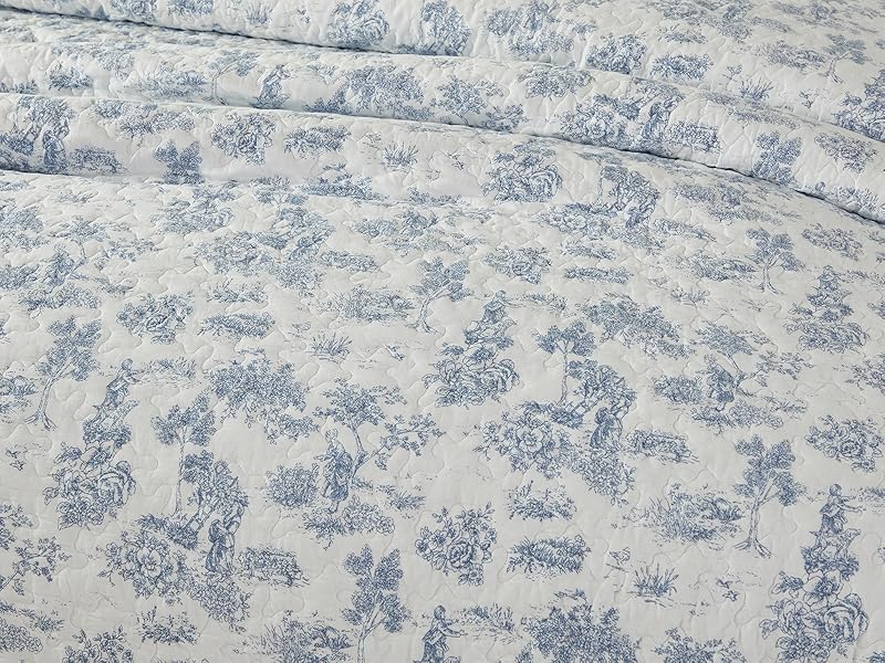 Twin Size Set Cotton Toile Bedding Blue Floral Vintage-Inspired Set 2-Piece Twin Size Set Cotton Toile Bedding Blue Floral Vintage-Inspired Set 2-Piece