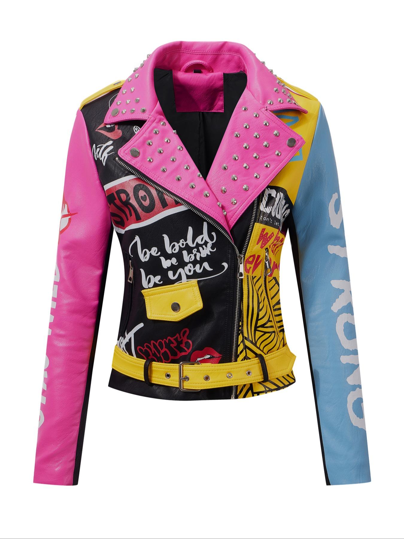 Women's PU Jacket with Belt, Casual Fitted Biker Jacket, Colorblock Animal Print Rivet Design, All Seasons Wearable Outerwear, Casual Fashionable Outerwear