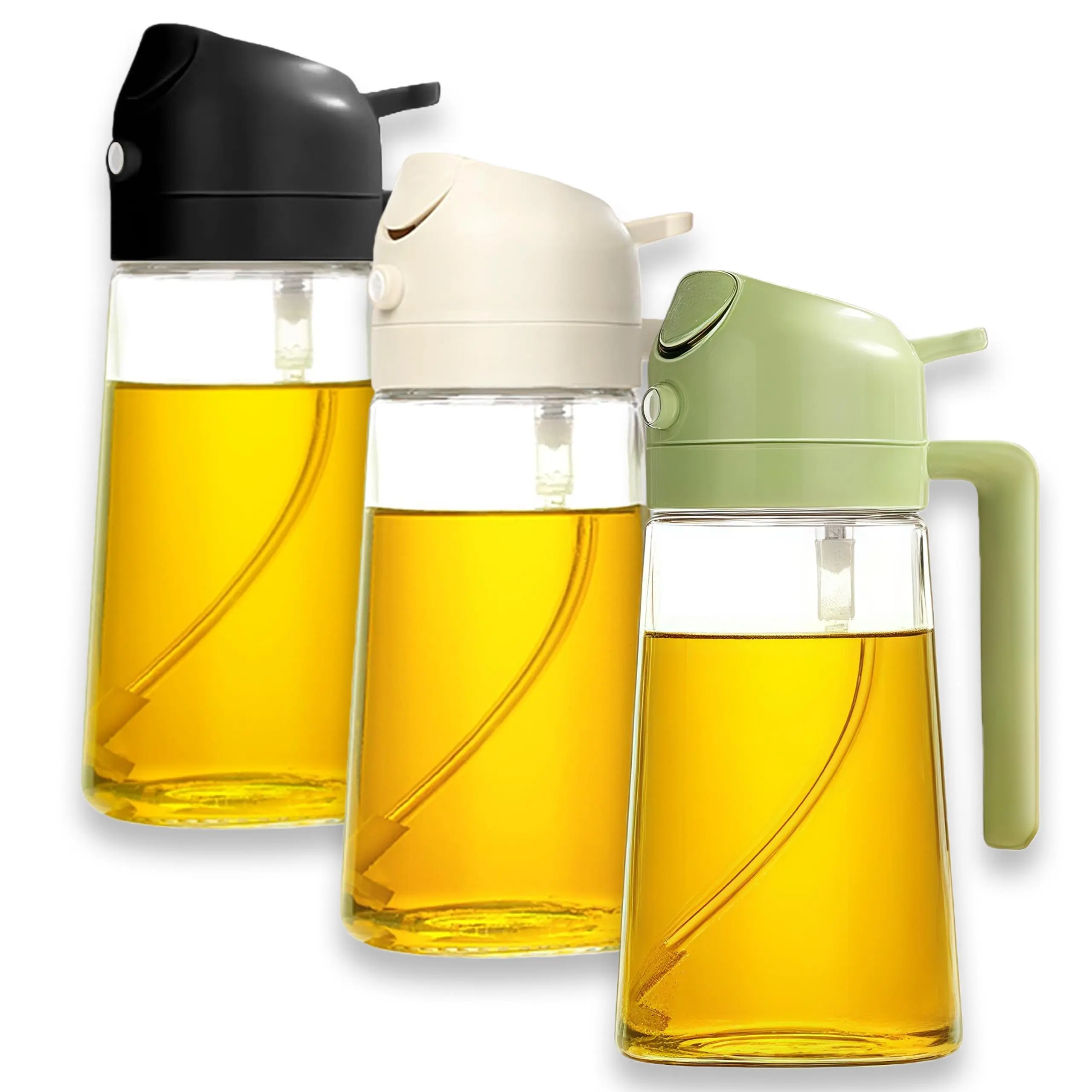 3PCS White Black Green Glass Oil Bottle Spray Pour Dual Use Gravity Open Close Drip Proof Oil Proof 3D Wide Angle Precise Oil Control Kitchen Condiment Dispenser