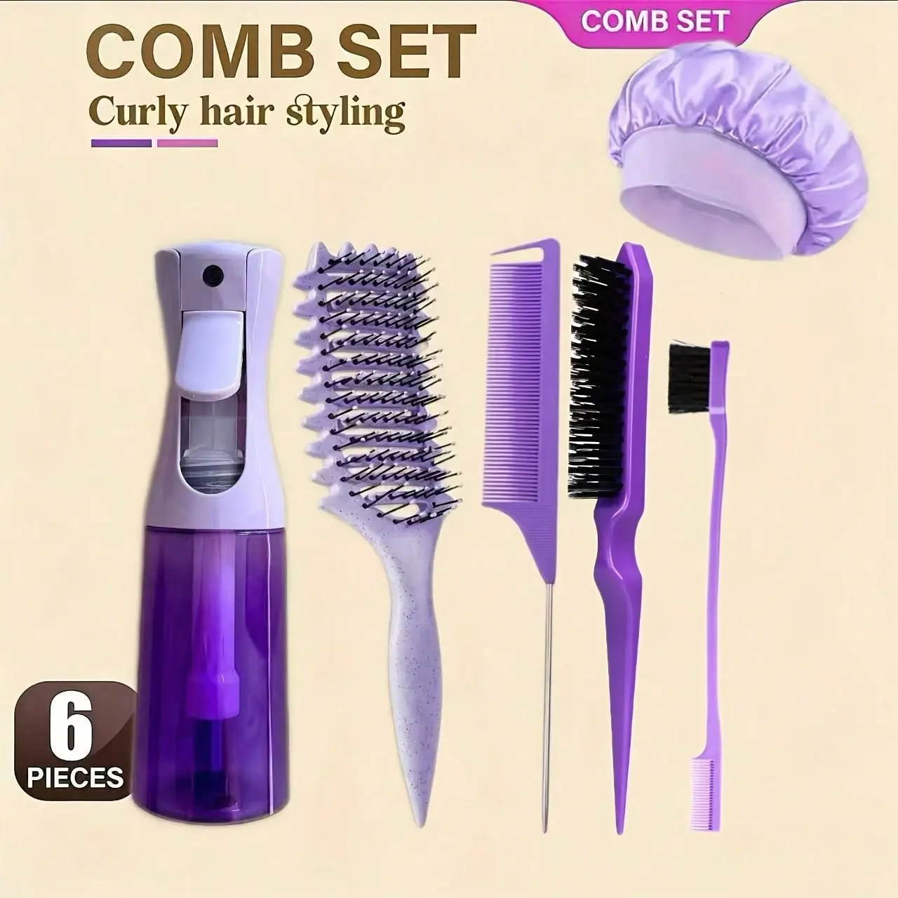 6-Piece Hair Styling Kit, Includes 200ML Spray Bottle, Volumizing Brush, Tail Comb, Wave-Texture Spray Comb, Essential Hair Tools, Hair Tools For Styling