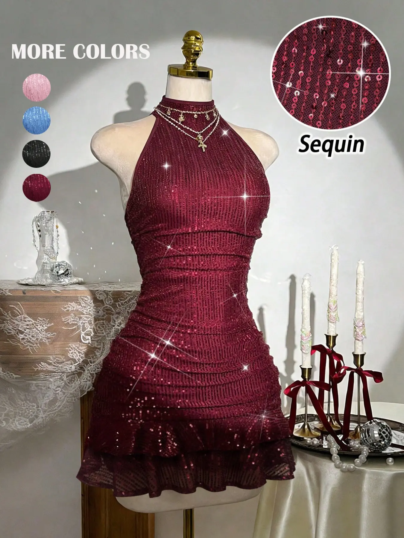 Women Sparkly Sequin Halter Neck Mini Dress, Sleeveless Ruched Bodycon Dress With Ruffle Hem, Slim Fitted Outfit For Nightclub, Date Night, Cocktail, Birthday, Carnival, Bachelorette, New Year Party, Bar, Anniversary Dinner, Evening Gathering & All Night